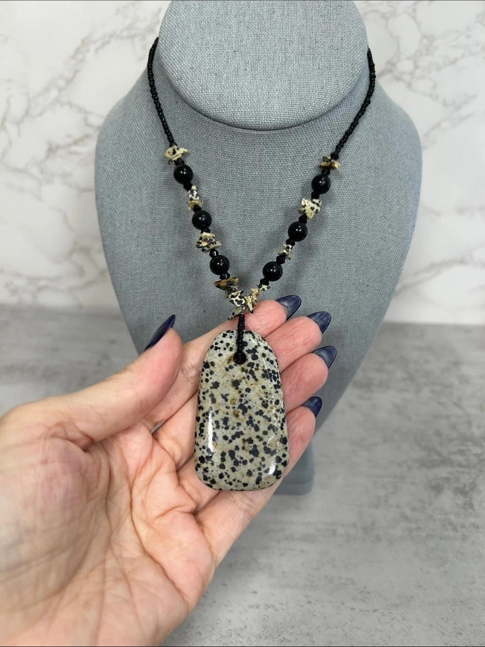 Dalmatian Jasper Pendant Necklace - Black & Cream Beaded Necklace